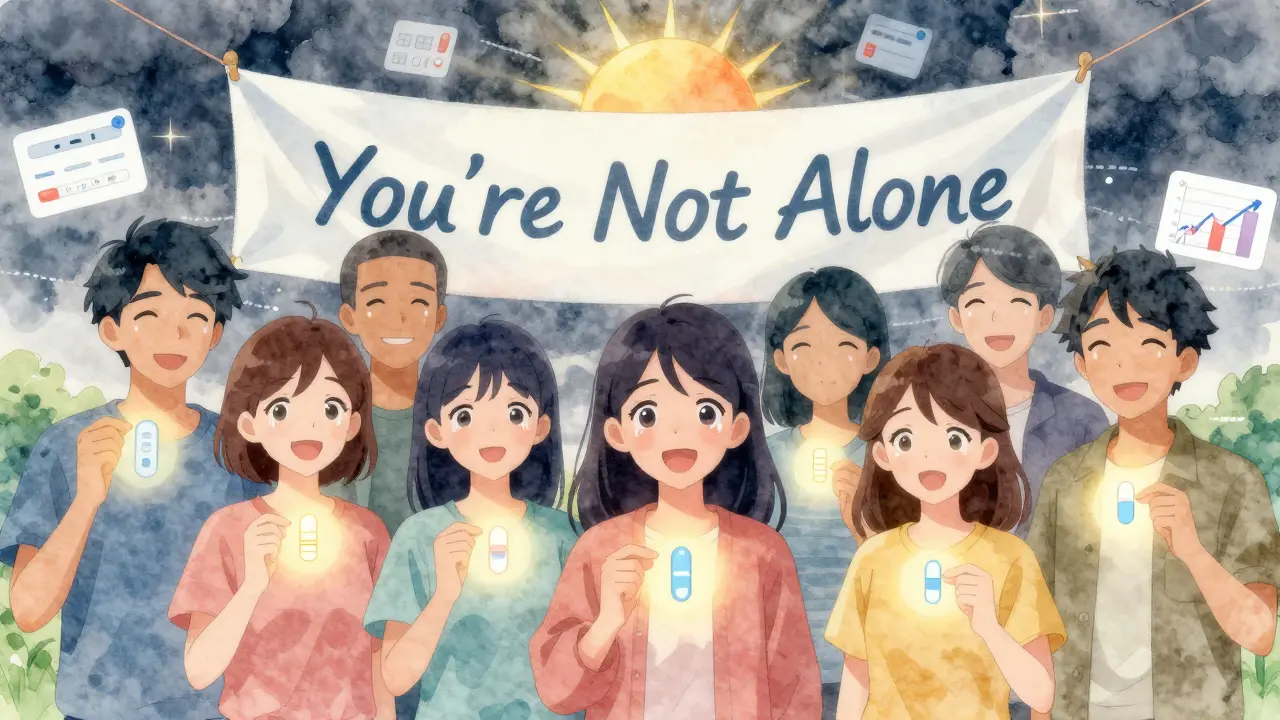 Diverse group of young adults in a supportive circle, glowing medical icons and uplifting banner behind them.