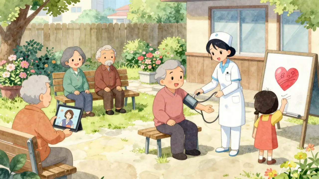 Elderly patients enjoy a sunny community health hub with a video call, blood pressure check, and a child drawing on a whiteboard under blooming flowers.