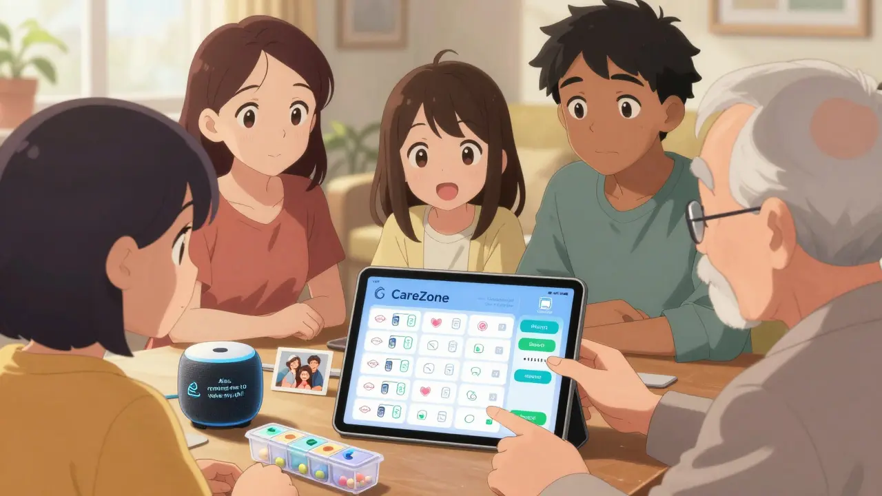 Group of friends helping an elderly person manage medication schedule on a shared tablet.