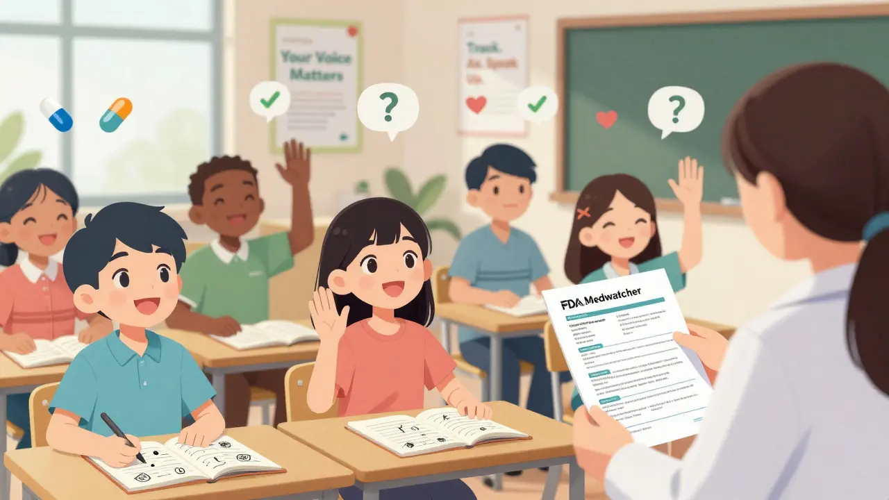 Group of patients in a health class, smiling and learning to speak up about medications.