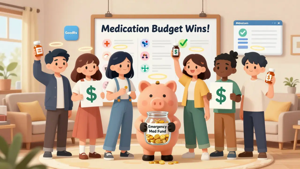 Group of people holding pill bottles and savings jar in front of a medication budget vision board.