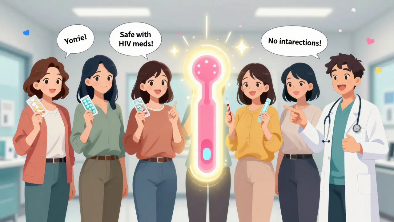 Group of women in a clinic with a glowing IUD icon protecting them, surrounded by hopeful anime sparkles.