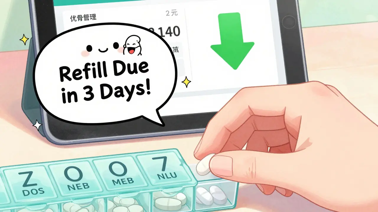 Hand placing pill in organizer with floating anime alert and price drop app on tablet.
