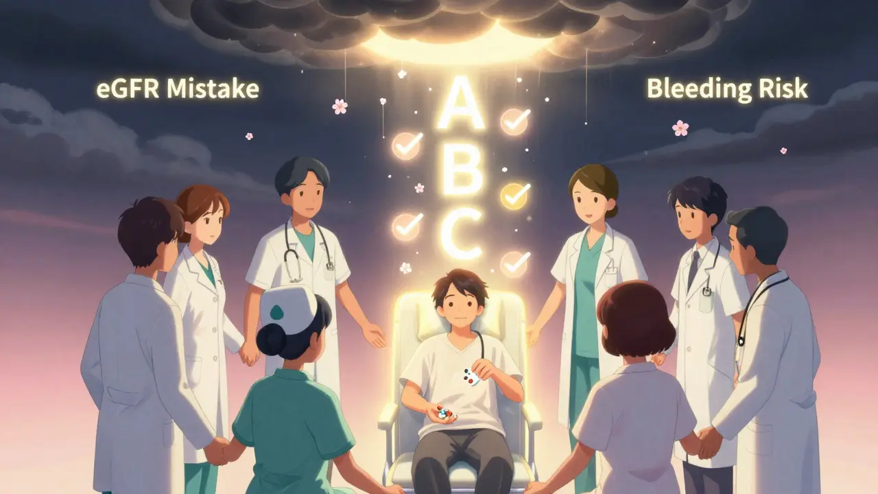 Healthcare team united around ABCs mnemonic, supporting a dialysis patient with apixaban in a hopeful scene.