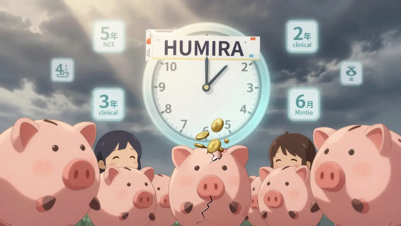 Patients watching coins spill from broken piggy banks as a giant drug box looms overhead.