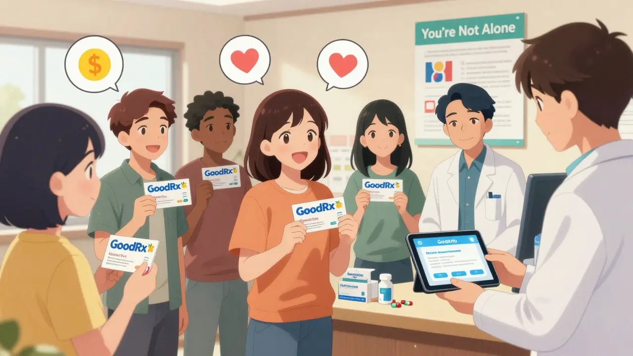 People smile in a community center as a pharmacist gives out free medicine samples with GoodRx coupons.