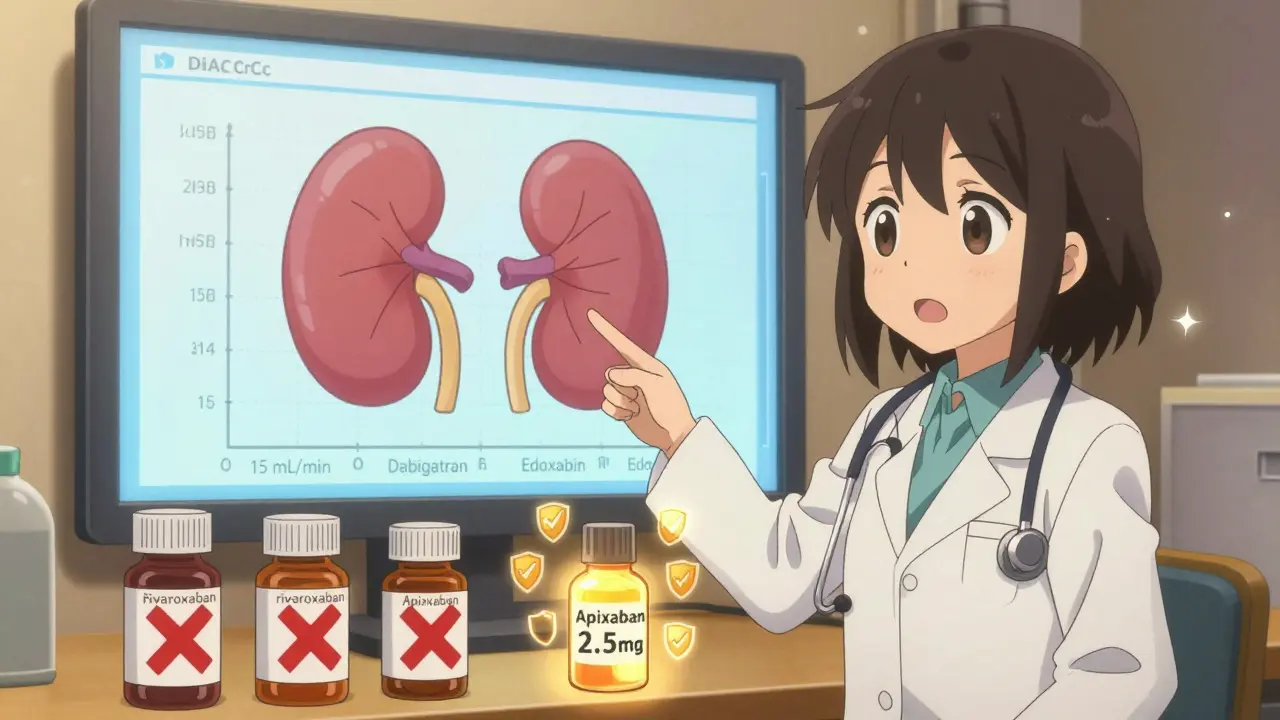 Pharmacist explaining DOAC dosing limits, with apixaban glowing safely while others are marked unsafe.