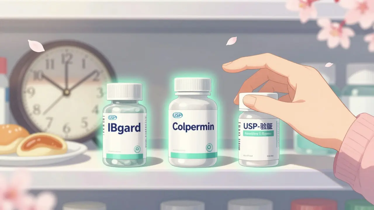 Pharmacy shelf with three peppermint oil capsules glowing softly, hand reaching for the right one.