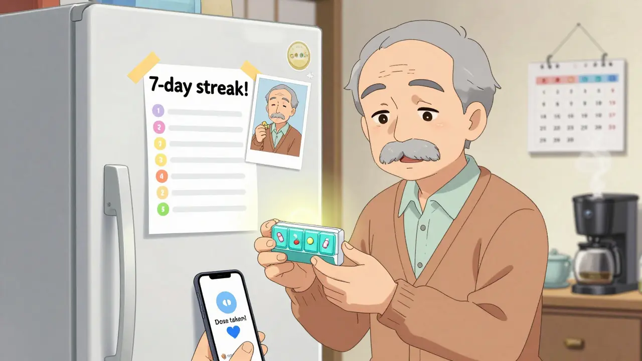 Senior man using a smart pillbox with glowing dispenser beside a checklist and photo on fridge.