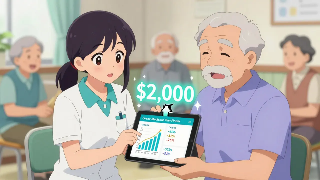 SHIP counselor helping senior compare drug plans on a tablet with glowing cost-saving visuals.