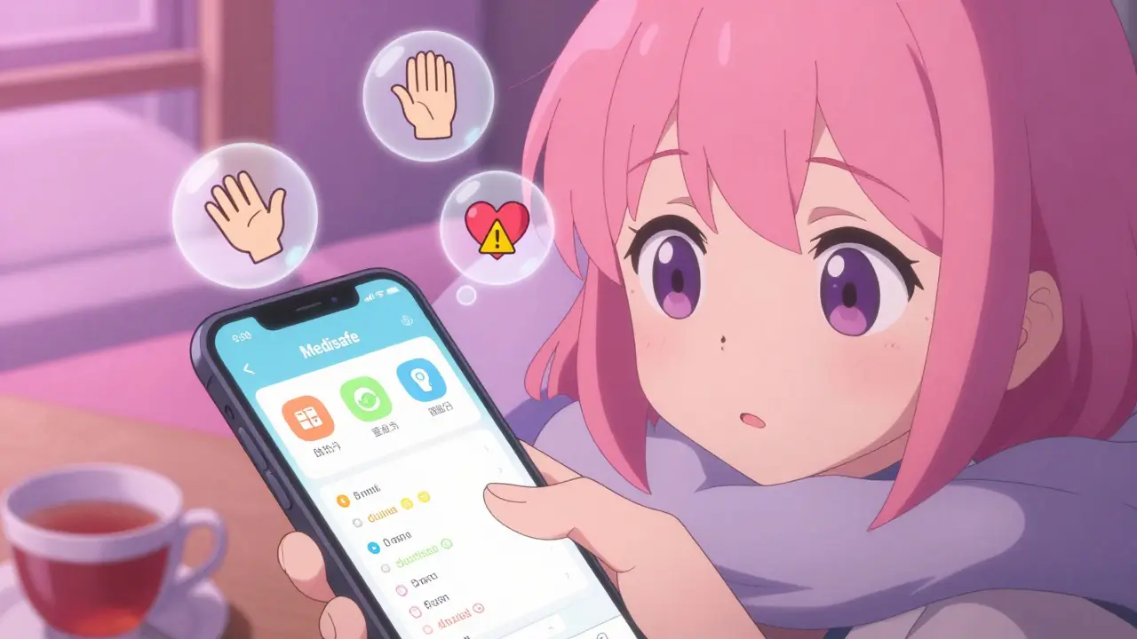 Smartphone screen showing a medication tracking app with side effect icons and soft pastel lighting.