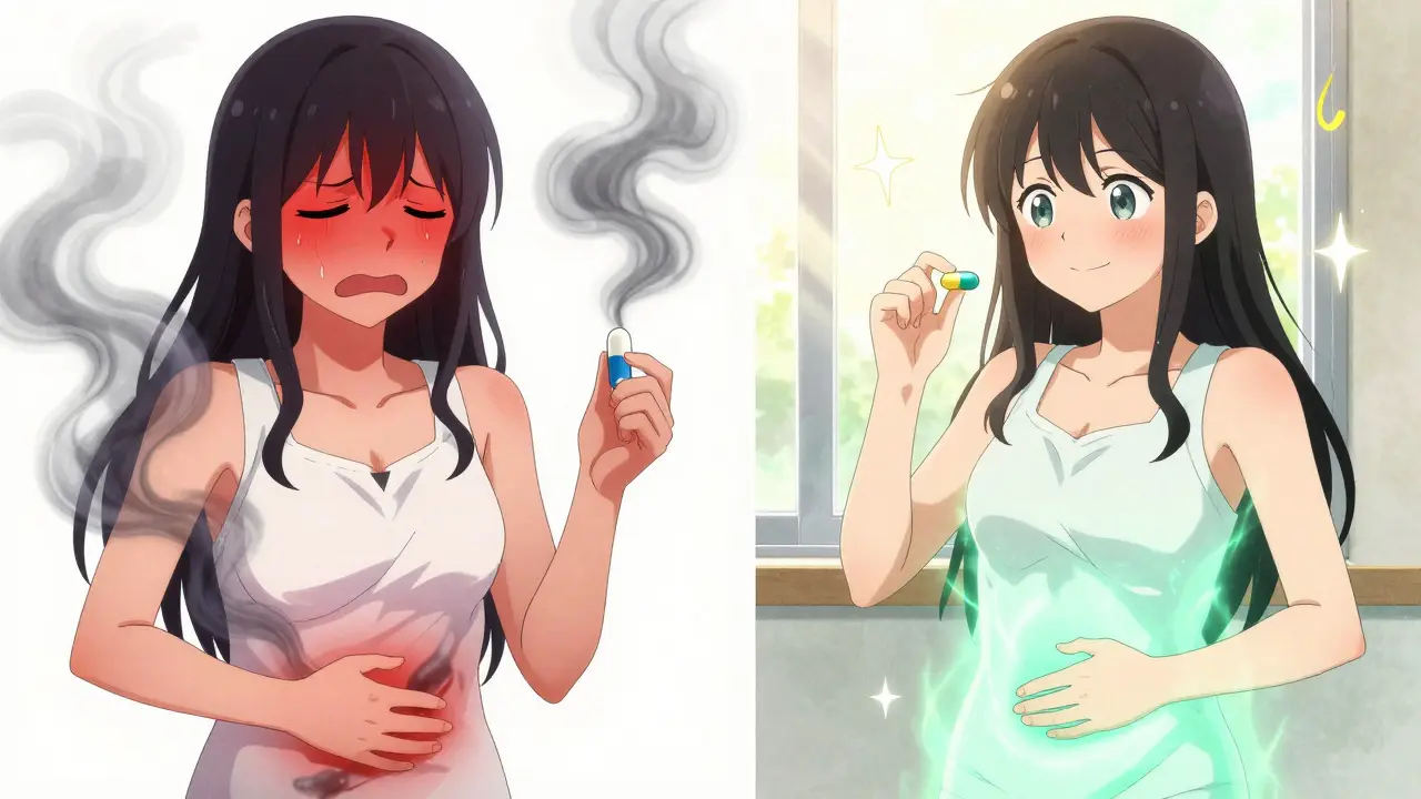 Split image: girl with heartburn on left, calm and relieved on right after taking enteric-coated capsule.