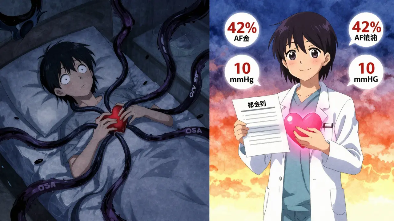 Split scene: exhausted person with sleep apnea vs. healthy person after treatment.