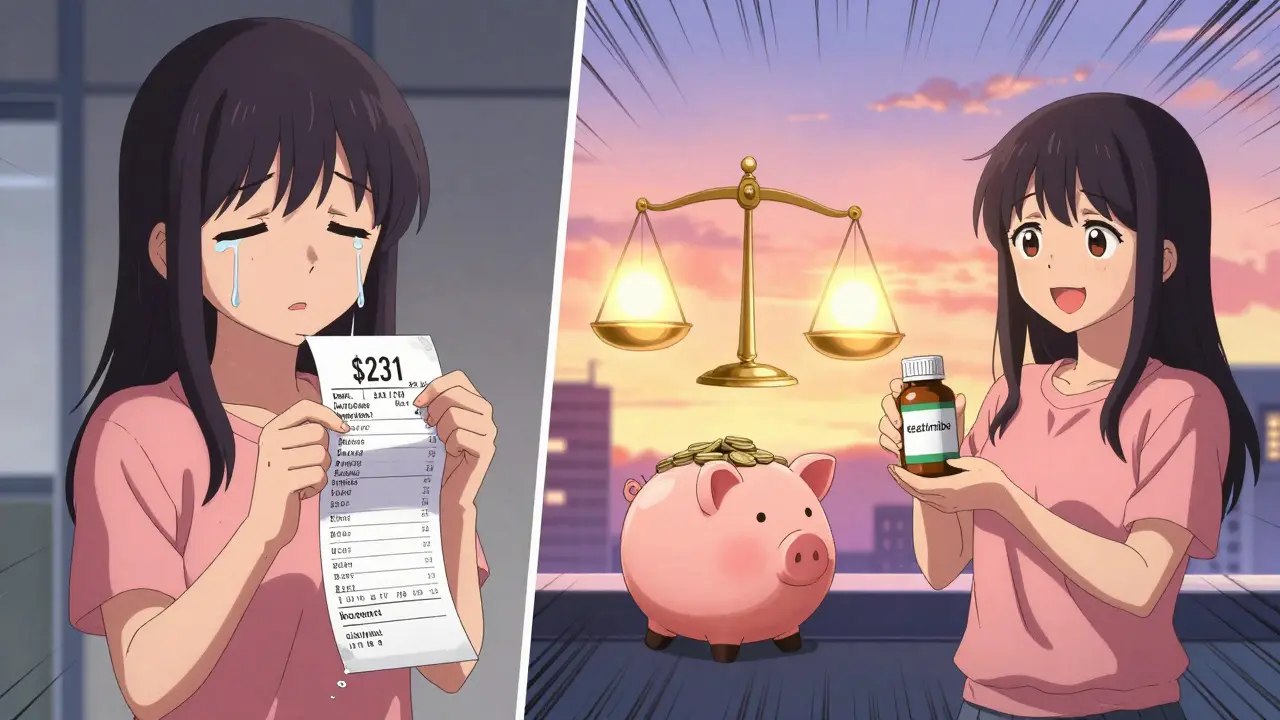 Split scene: expensive bempedoic acid receipt vs. cheap ezetimibe bottle with piggy bank.