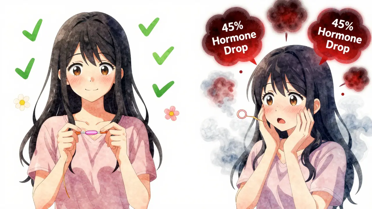 Split scene: one woman safe with an IUD as flowers bloom, another’s contraceptive ring dissolves into warning clouds.