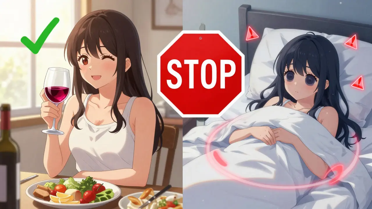 Split scene: woman safely drinking wine with food vs. same woman ill with warning symbols.