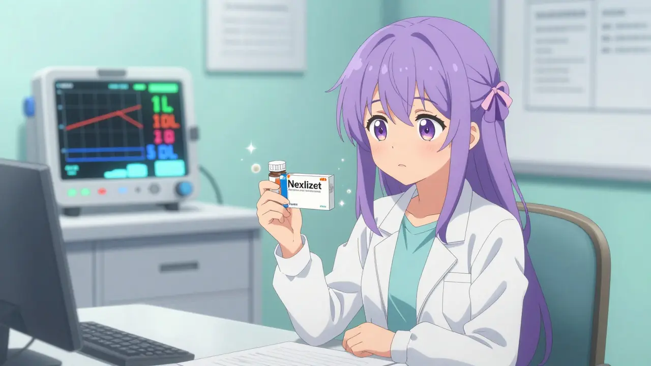 Teen girl receiving nexlizet prescription with glowing heart monitor in clinic.