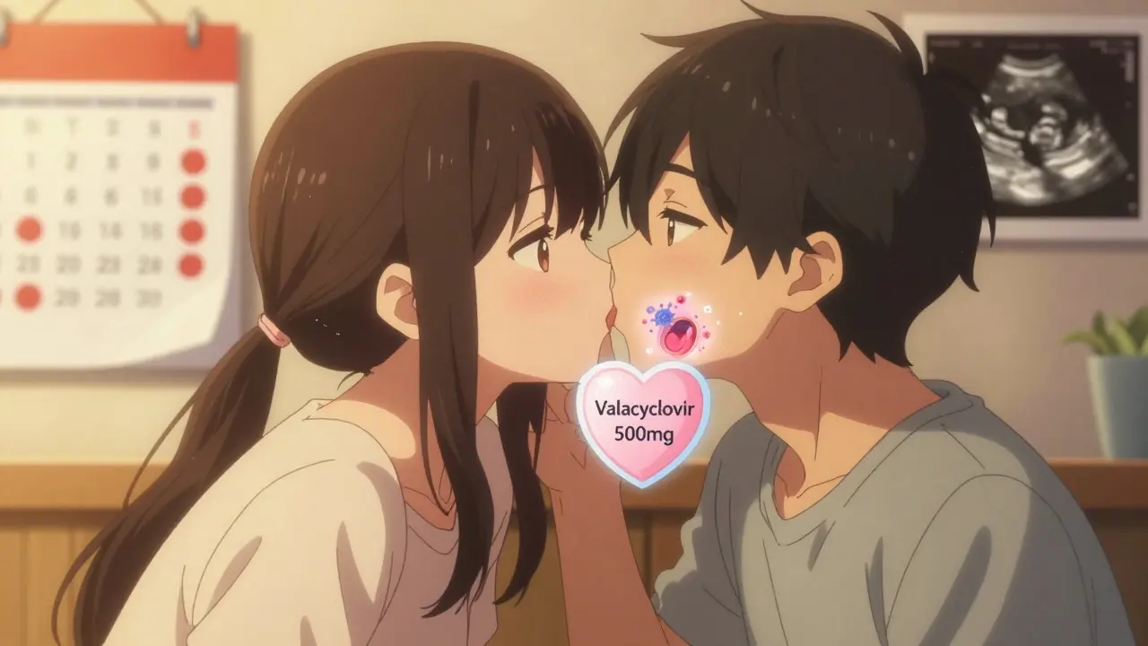 Two people sharing a kiss with translucent viral particles and a protective pill shield nearby.