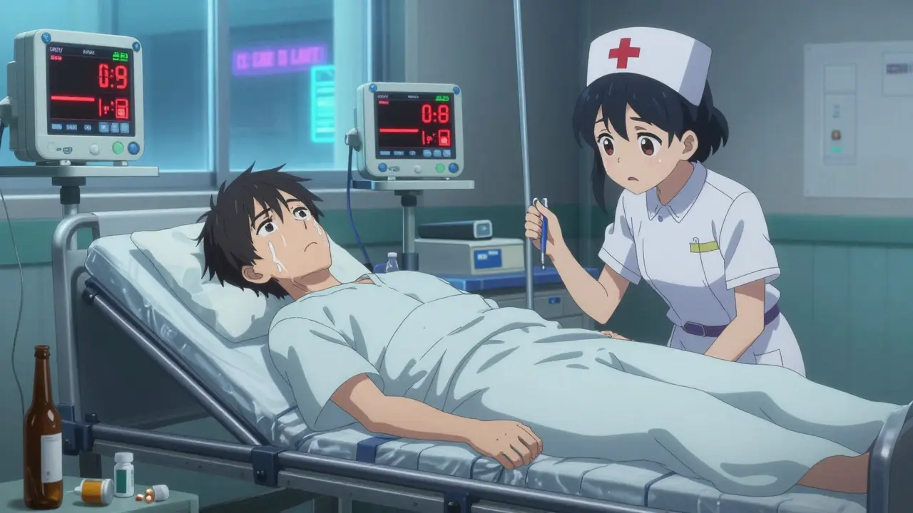 Young man in hospital ER with alarming monitors, beer and metformin bottles on floor nearby.