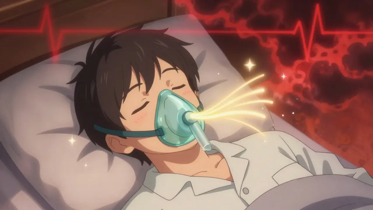 Young man using CPAP mask with calming energy restoring his heart rhythm.