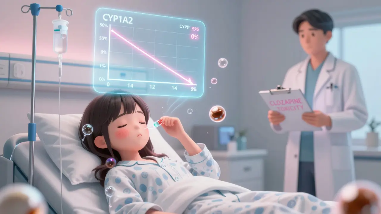 A girl in a hospital bed with rising drug molecules, showing enzyme levels dropping after quitting smoking.
