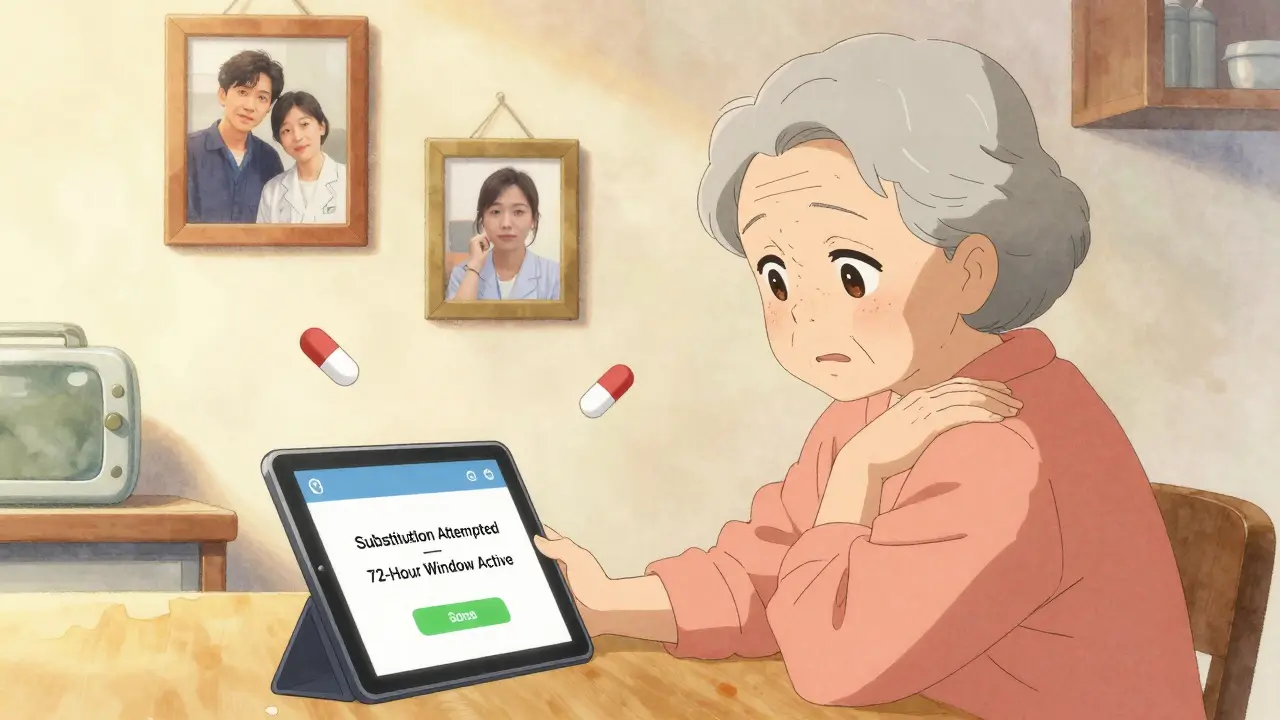 A patient and her grandmother sit at home, looking at a pharmacy notification about drug substitution.