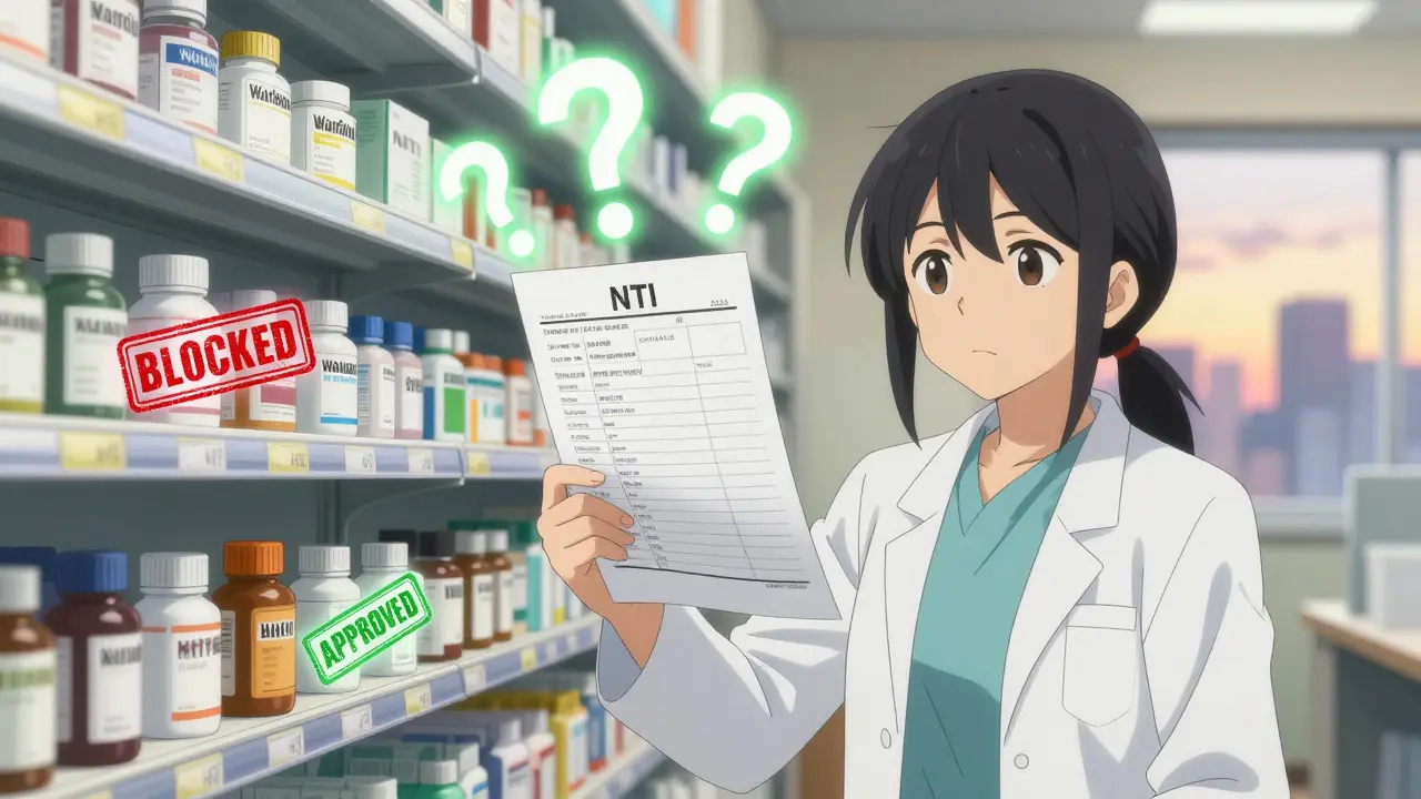A pharmacist examines a printed NTI drug list with glowing blocked and approved pill labels.