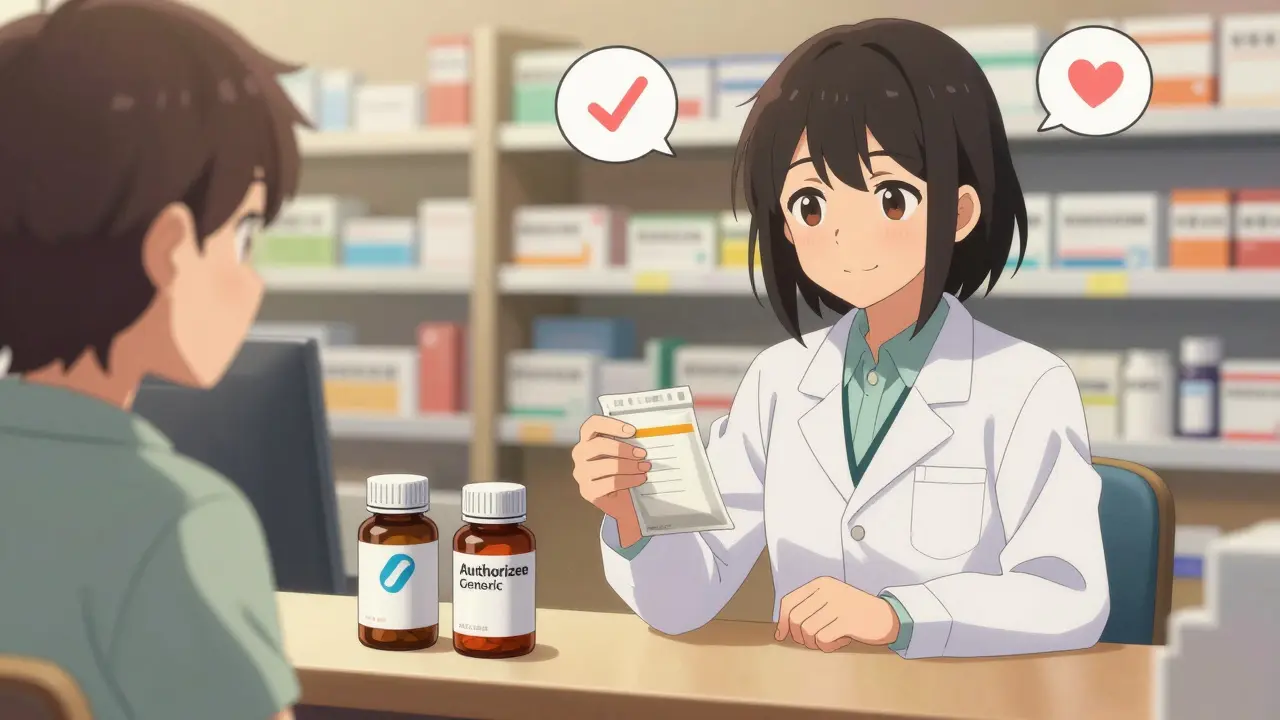 A pharmacist hands a patient a prescription bag with an authorized generic pill bottle, both it and the brand bottle identical in appearance.