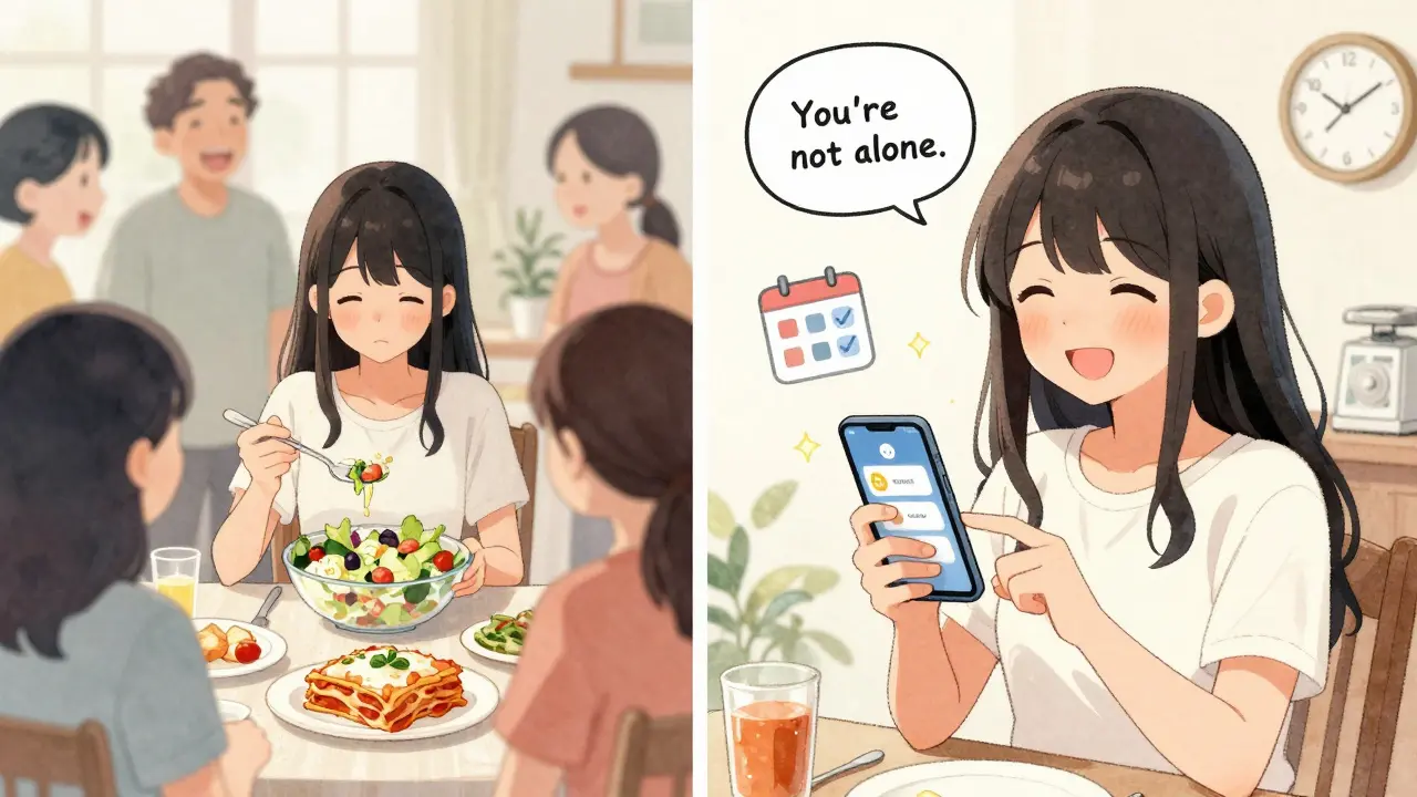 A woman eats salad at a social event while tracking her diet at home with support.