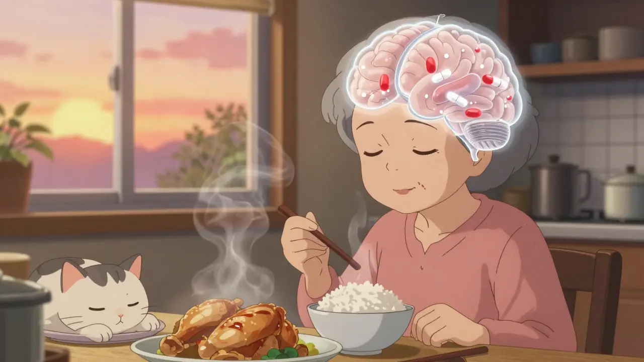 A woman enjoys dinner as levodopa freely enters her brain, restoring mobility.