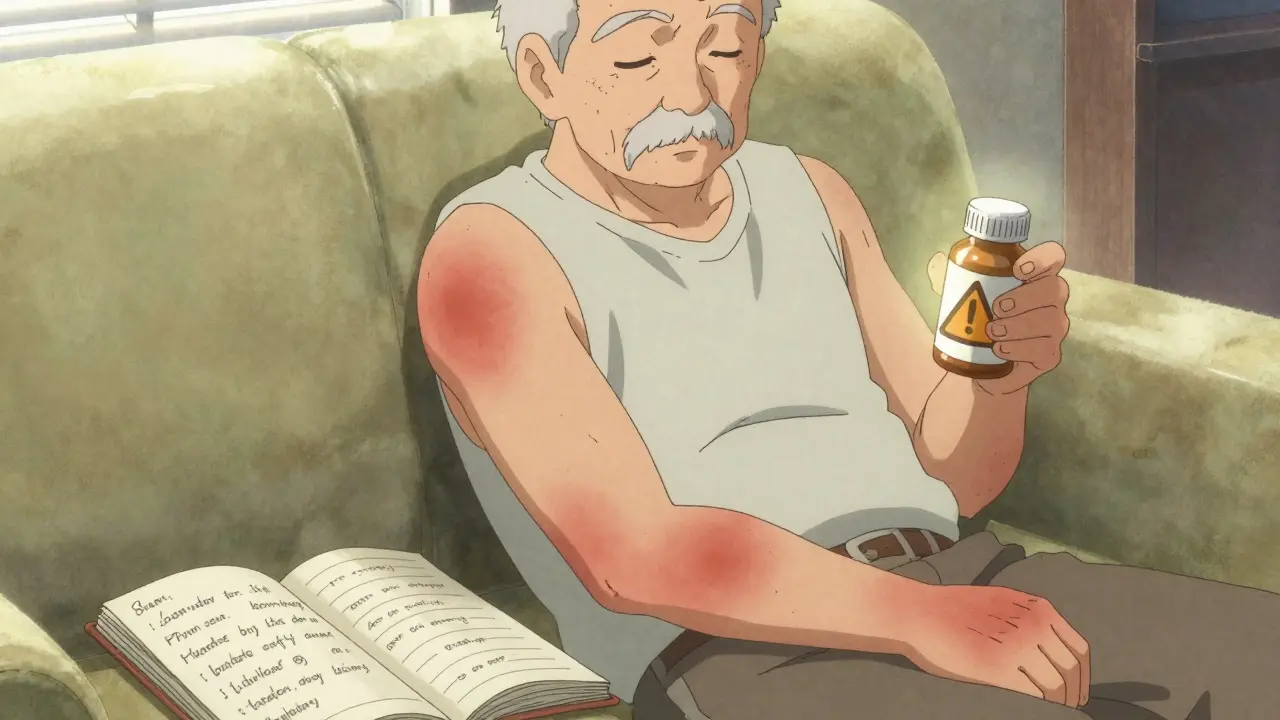 An elderly man with a rash and medication bottle nearby, sitting quietly as symptoms are logged in a diary.