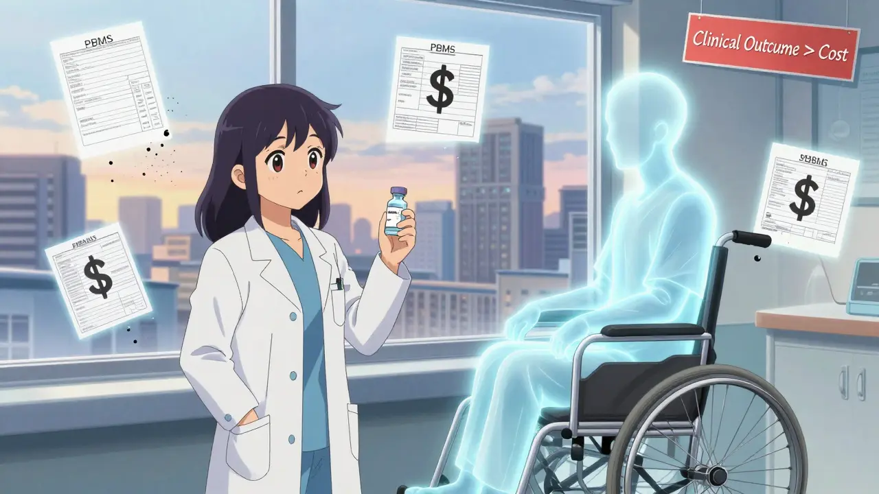 An oncologist holds Ocrevus as a faded patient transforms into a healthier version, with prior authorization forms dissolving.