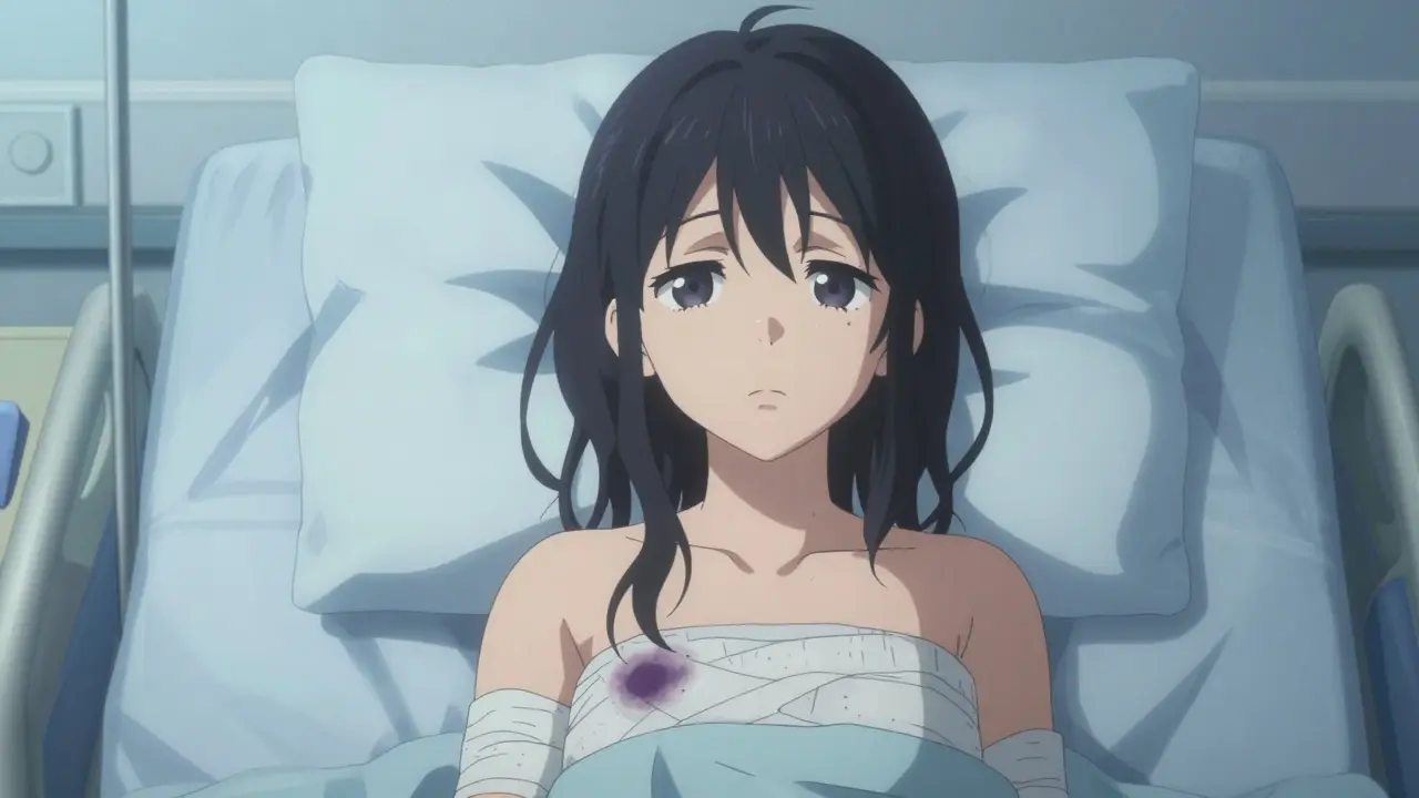 Hospitalized woman with bruised arm and concerned expression in hospital bed.