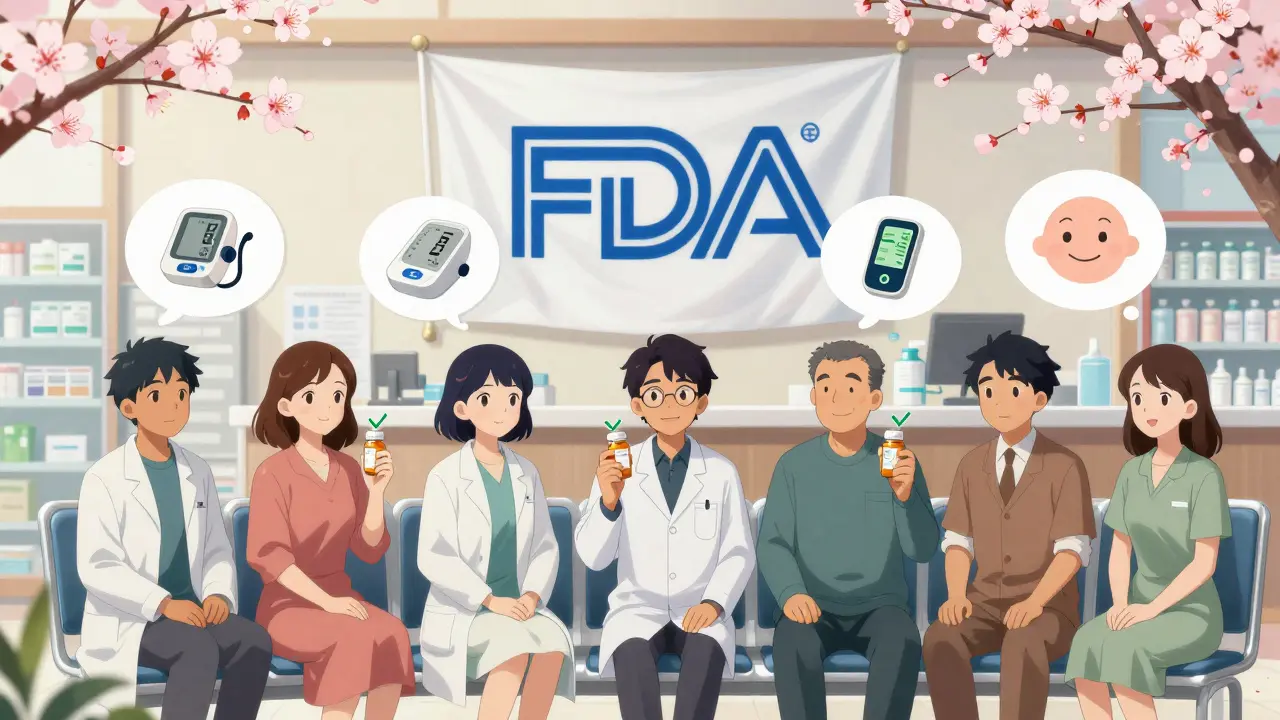 Patients sit peacefully in a pharmacy, each with a checkmark above their safe medication bottle.
