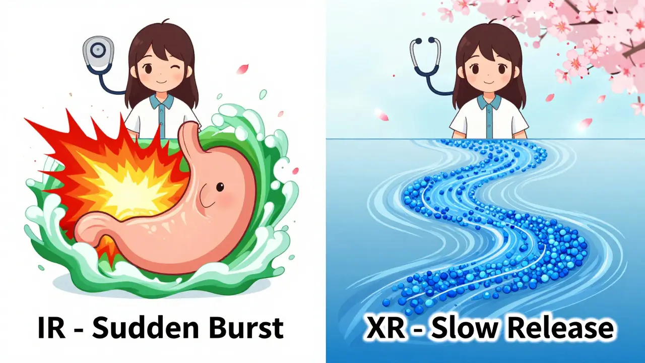 Split anime-style illustration comparing sudden drug release (IR) to slow, gentle release (XR) in the digestive system.