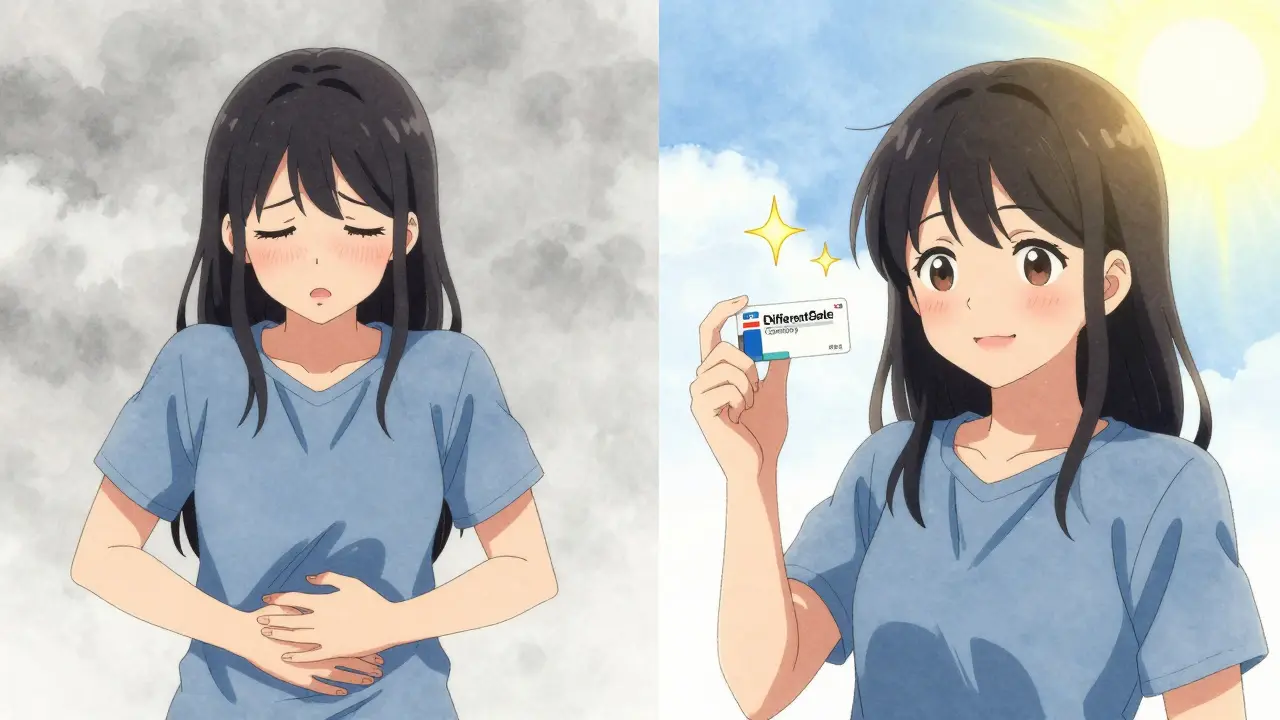 Split scene: left shows discomfort from a traditional generic, right shows relief with an authorized generic that looks exactly like the brand.