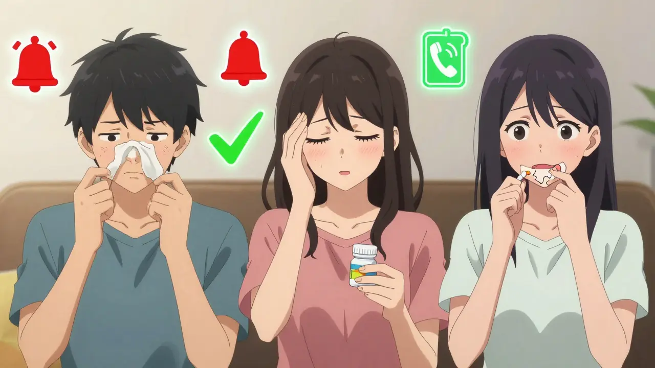 Three people holding medications with floating icons showing red flags and harmless side effects.