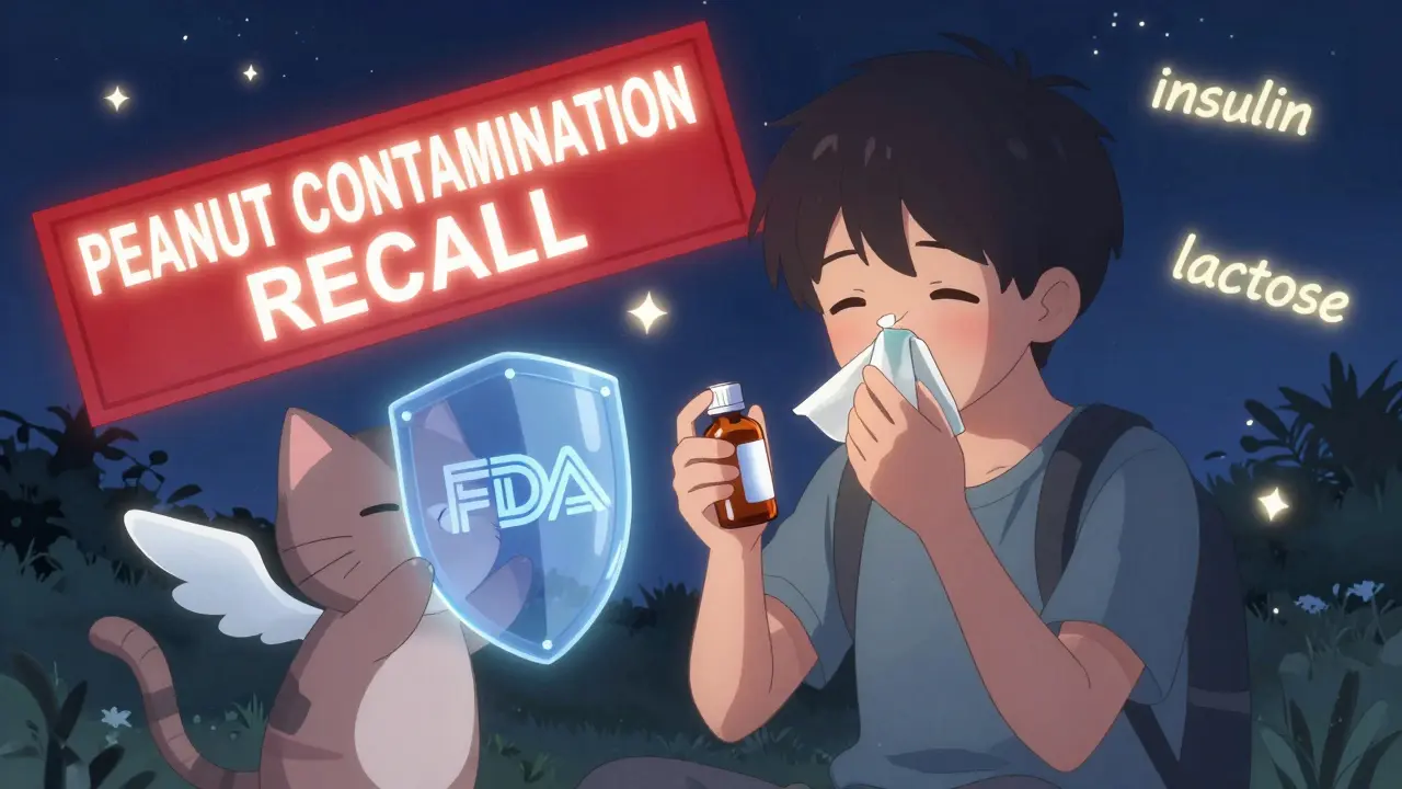A boy with allergies is protected by an FDA mascot as a recall alert glows above his cough syrup, with keywords drifting in the night sky.