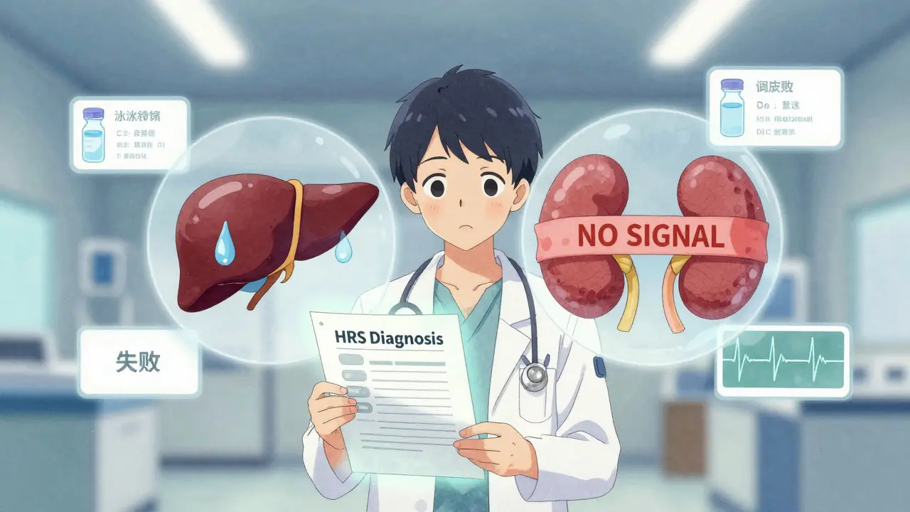 A doctor with floating medical icons of liver and kidney dysfunction, illustrating hepatorenal syndrome diagnosis.