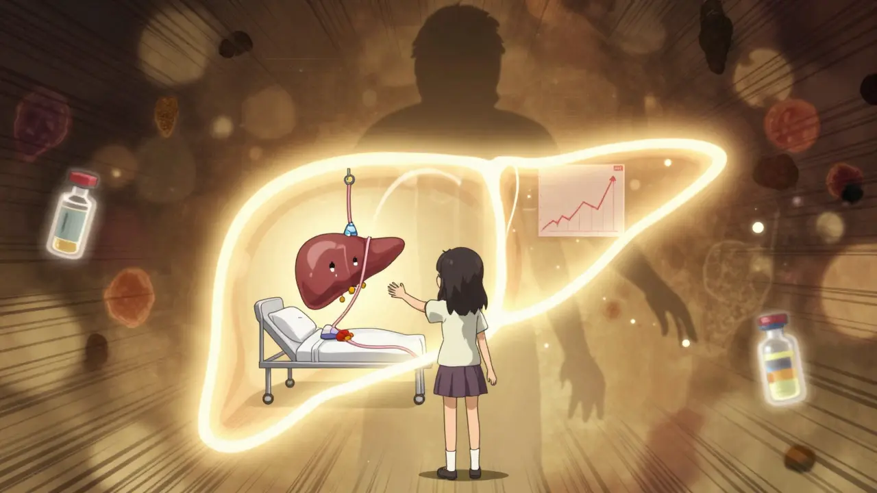 A girl reaching toward a glowing liver transplant, symbolizing hope and recovery from hepatorenal syndrome.