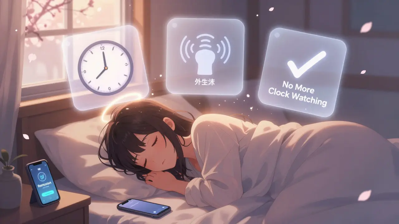 A peaceful woman sleeping at dawn, with floating symbols of healthy sleep habits above her bed.