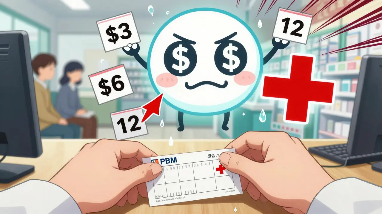 A pharmacist places a prescription as a cartoonish PBM logo looms behind, with floating price tags showing profit disparities.