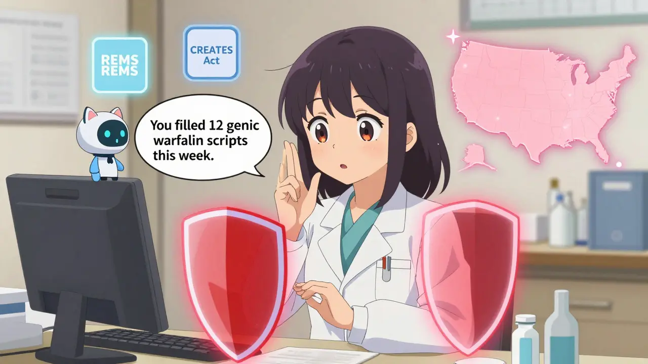 A pharmacist receives a personalized AI warning about generic warfarin prescriptions, with shields and legal icons glowing around her.