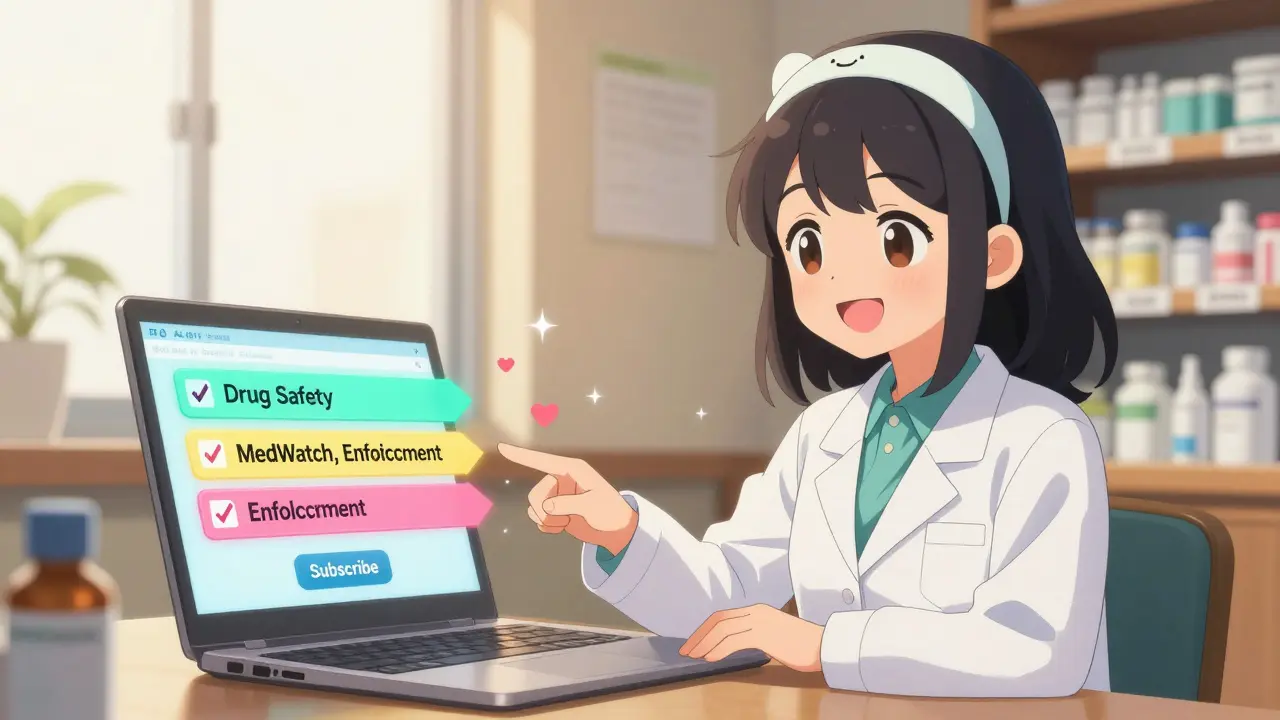 A pharmacist subscribes to FDA safety alerts on her laptop, surrounded by glowing icons of drug systems and warm lighting.