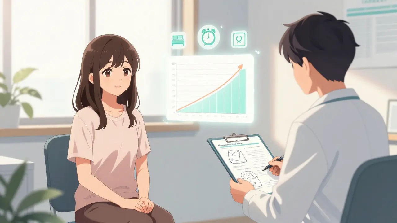 A therapist and patient in a sunlit room, with a glowing sleep efficiency chart rising behind them.