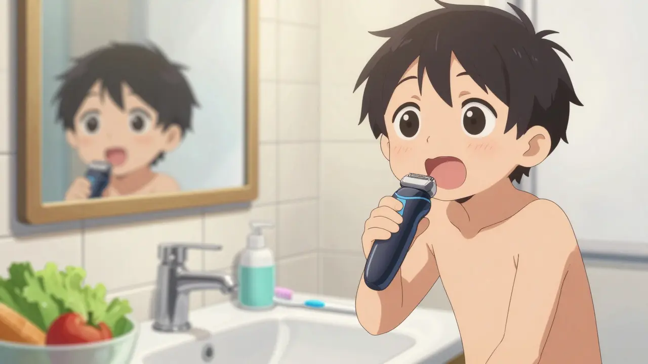 Character shaving carefully with electric razor in a bathroom scene.