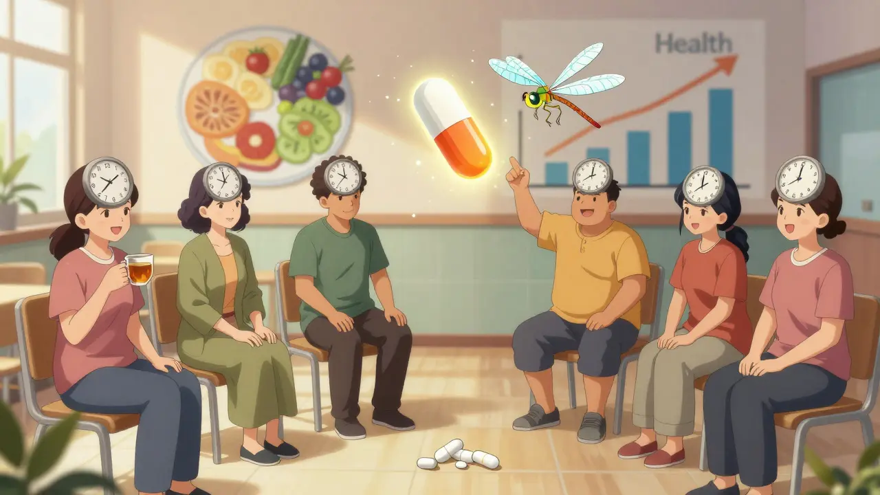 Diverse group of patients in community center with 8-hour eating clocks and health symbols nearby