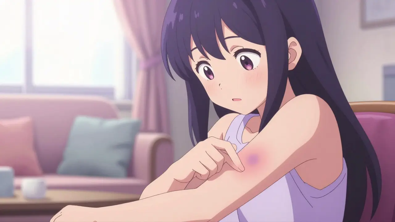 Girl touching a bruise on her arm looking worried in anime art.