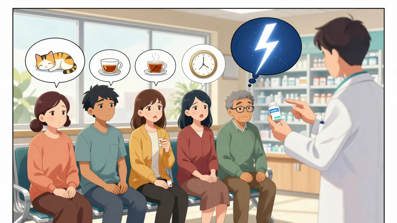 Patients in a pharmacy with calm thought bubbles, one overcoming exaggerated fears with pharmacist's help.