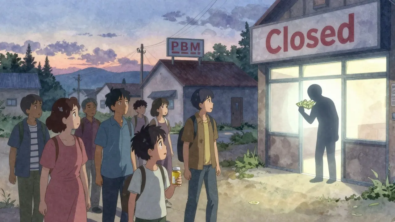 Patients walk away from a closed pharmacy in a rural town, one child looks back tearfully as a shadowy figure consumes money.
